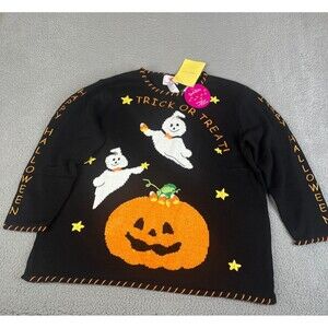 Quacker Factory Sweater Womens 1X Black Halloween Trick or Treat Ghost Pumpkin